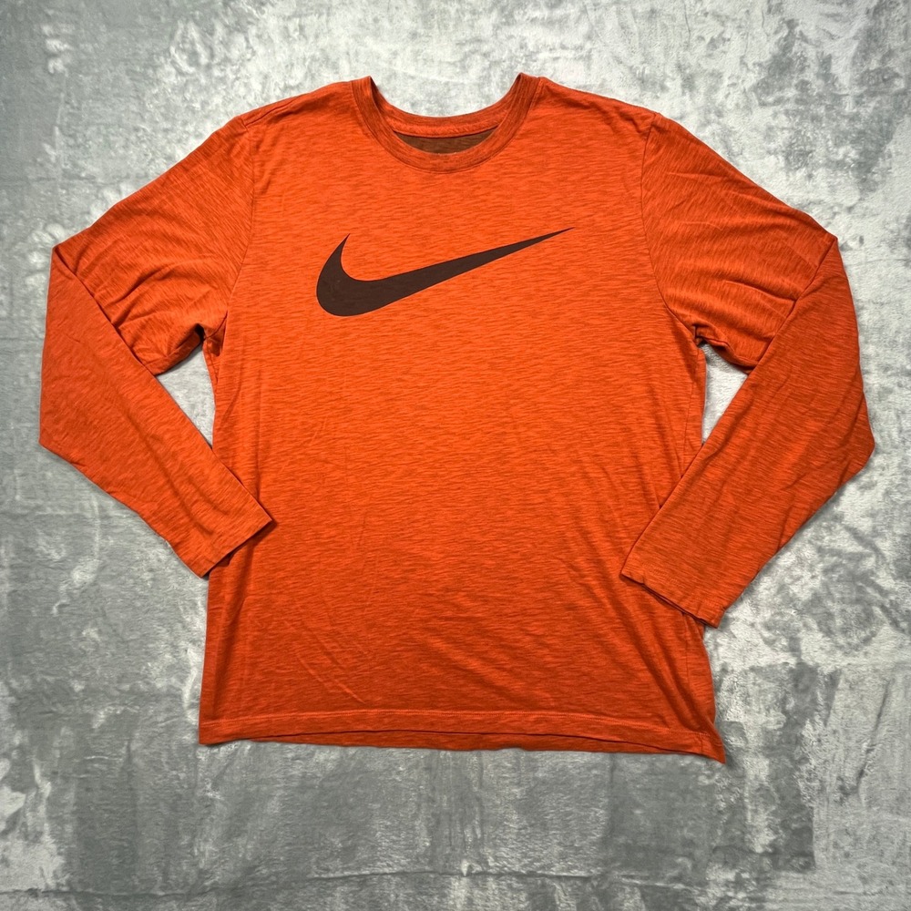 Nike T-Shirt Mens Large Orange Long Sleeve Dri-FIT Heathered Swoosh